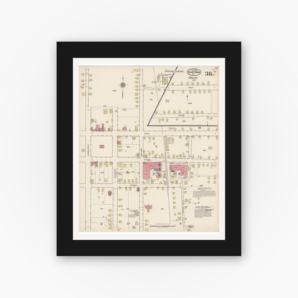 Old map wall art mockup — black gallery frame with white mat — Sanborn Fire Insurance Map from Gastonia, Gaston County, North Carolina (1922), Sheet #0036