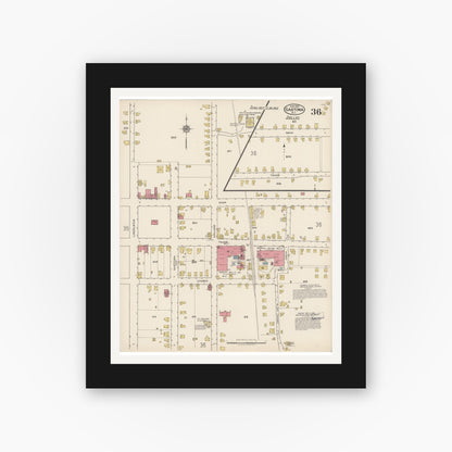 Old map wall art mockup — black gallery frame with white mat — Sanborn Fire Insurance Map from Gastonia, Gaston County, North Carolina (1922), Sheet #0036