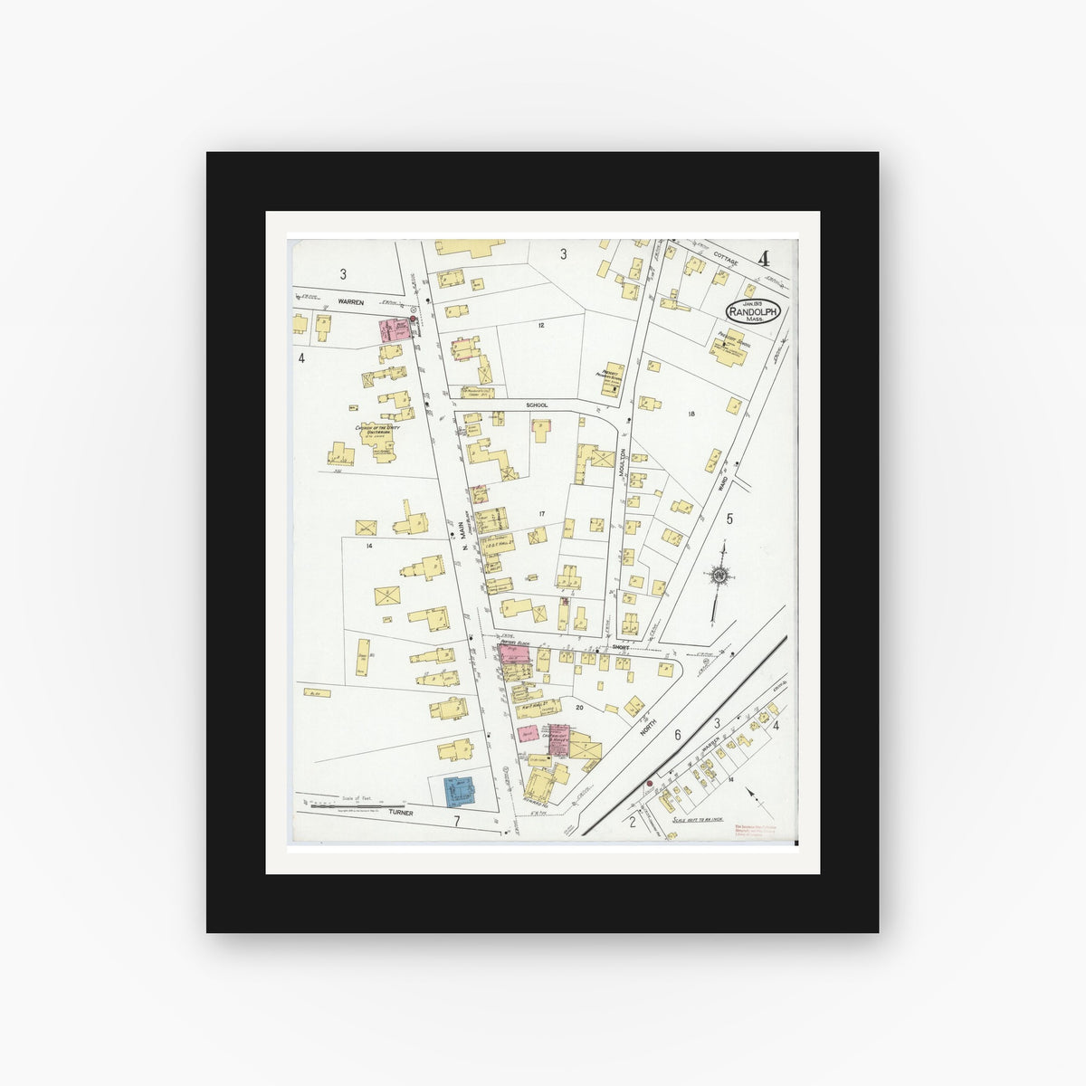 Old map wall art mockup — black gallery frame with white mat — Sanborn Fire Insurance Map from Randolph, Norfolk County, Massachusetts (1919), Sheet #0004