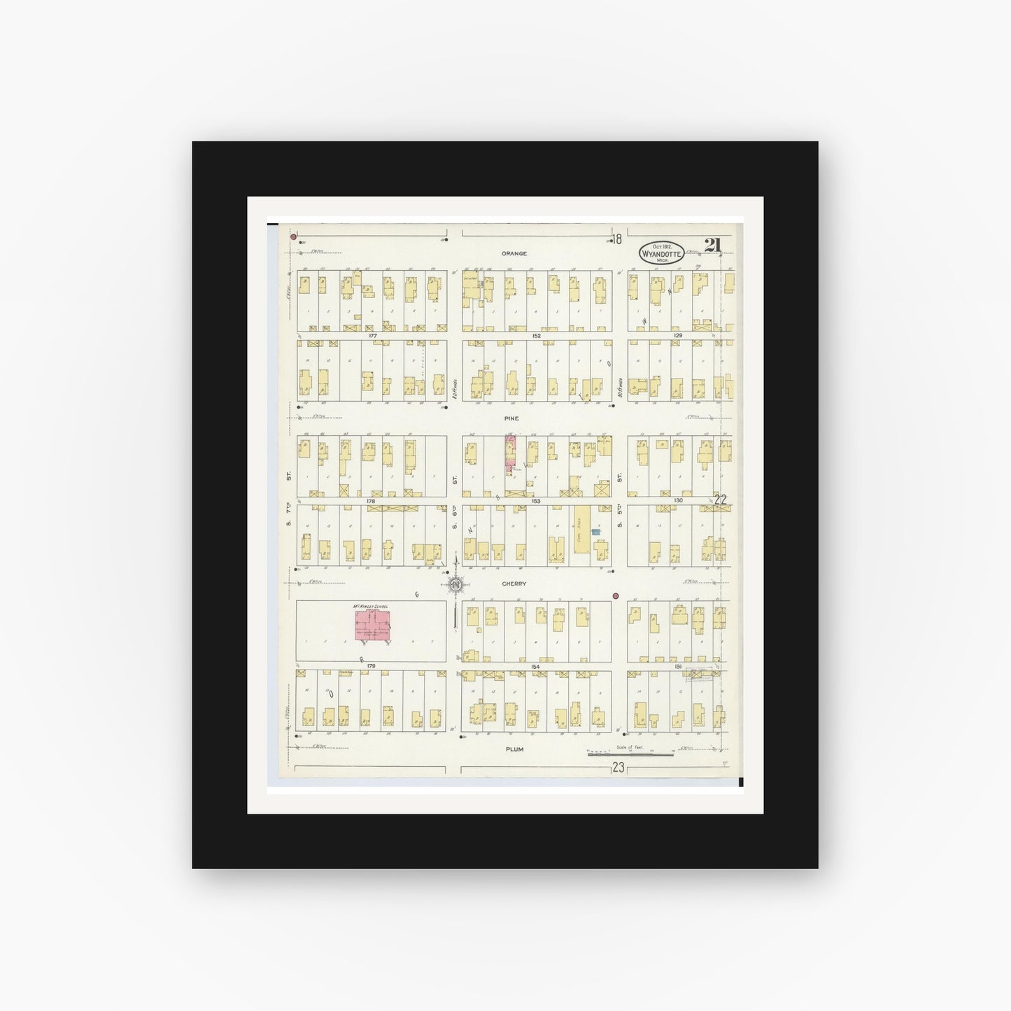 Old map wall art mockup — black gallery frame with white mat — Sanborn Fire Insurance Map from Wyandotte, Wayne County, Michigan (1912), Sheet #0021