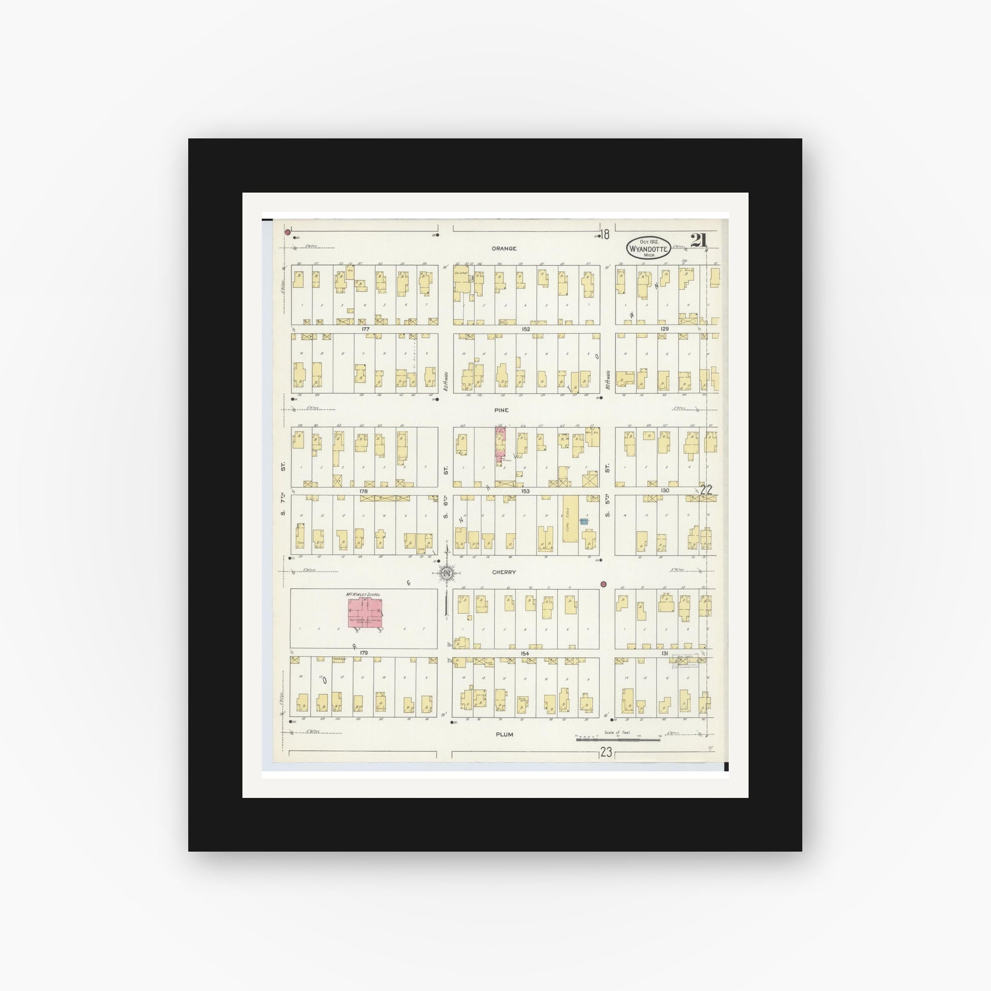 Old map wall art mockup — black gallery frame with white mat — Sanborn Fire Insurance Map from Wyandotte, Wayne County, Michigan (1912), Sheet #0021
