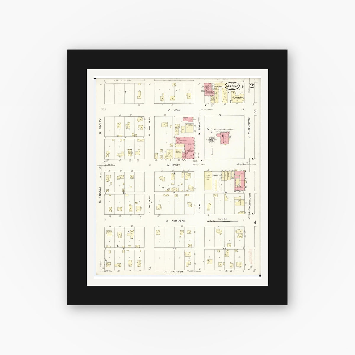 Old map wall art mockup — black gallery frame with white mat — Sanborn Fire Insurance Map from Algona, Kossuth County, Iowa (1913), Sheet #0002
