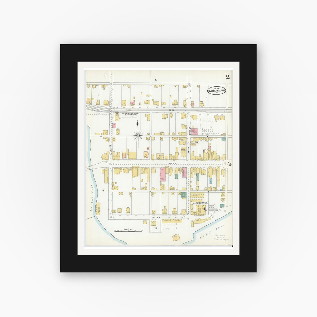 Old map wall art mockup — black gallery frame with white mat — Sanborn Fire Insurance Map from New Bethlehem, Clarion County, Pennsylvania (1904), Sheet #0002