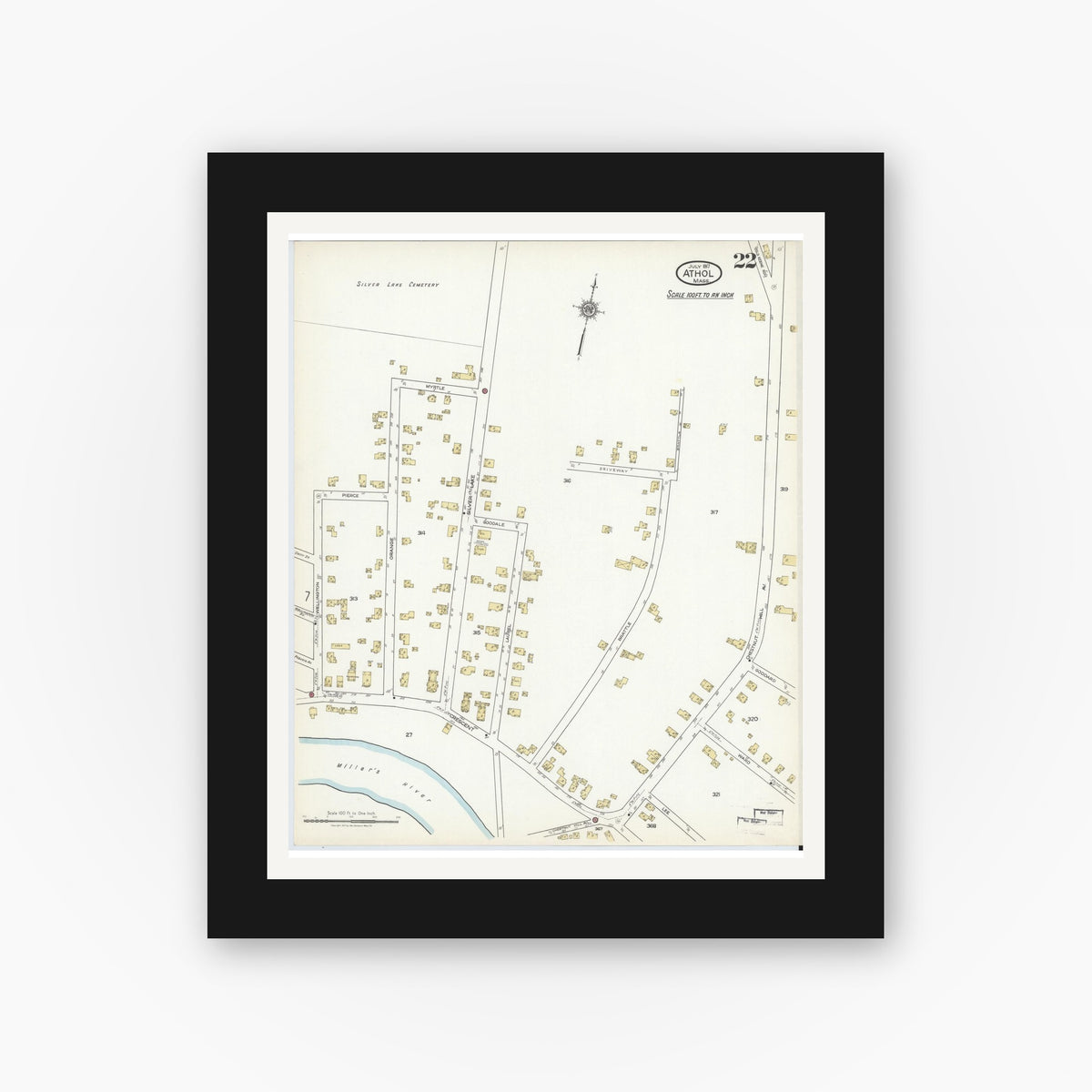Old map wall art mockup — black gallery frame with white mat — Sanborn Fire Insurance Map from Athol, Worcester County, Massachusetts (1917), Sheet #0022