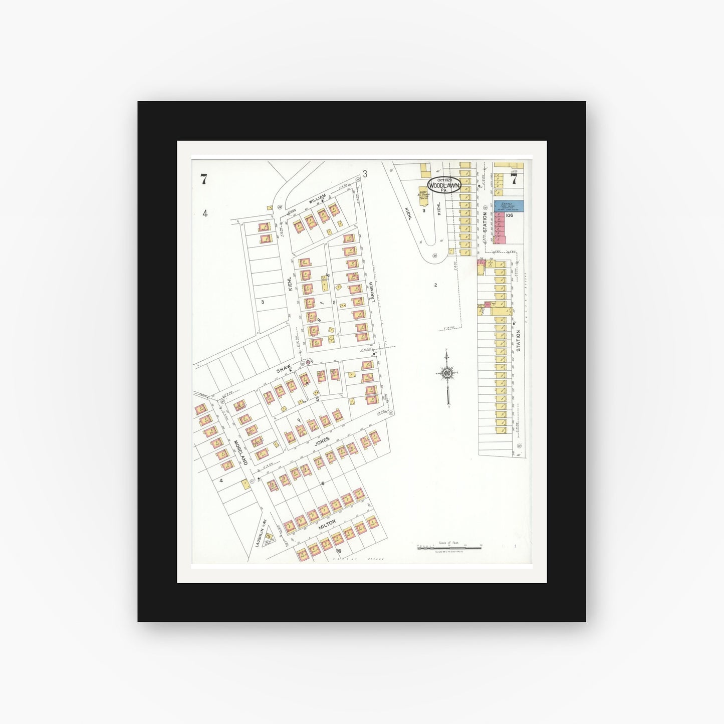 Old map wall art mockup — black gallery frame with white mat — Sanborn Fire Insurance Map from Woodlawn, Beaver County, Pennsylvania (1923), Sheet #0007