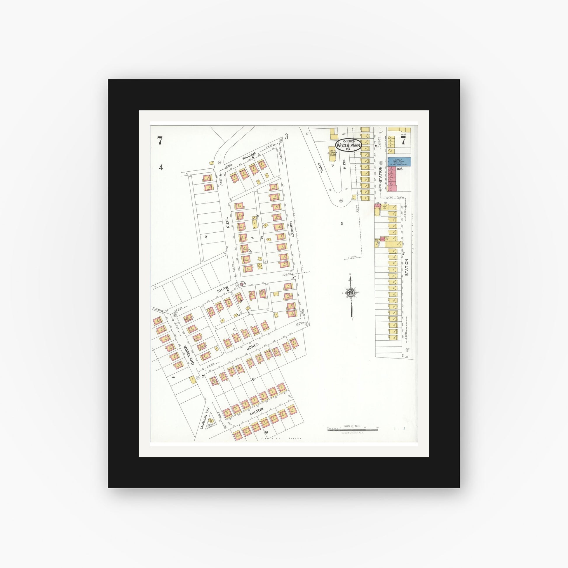 Old map wall art mockup — black gallery frame with white mat — Sanborn Fire Insurance Map from Woodlawn, Beaver County, Pennsylvania (1923), Sheet #0007