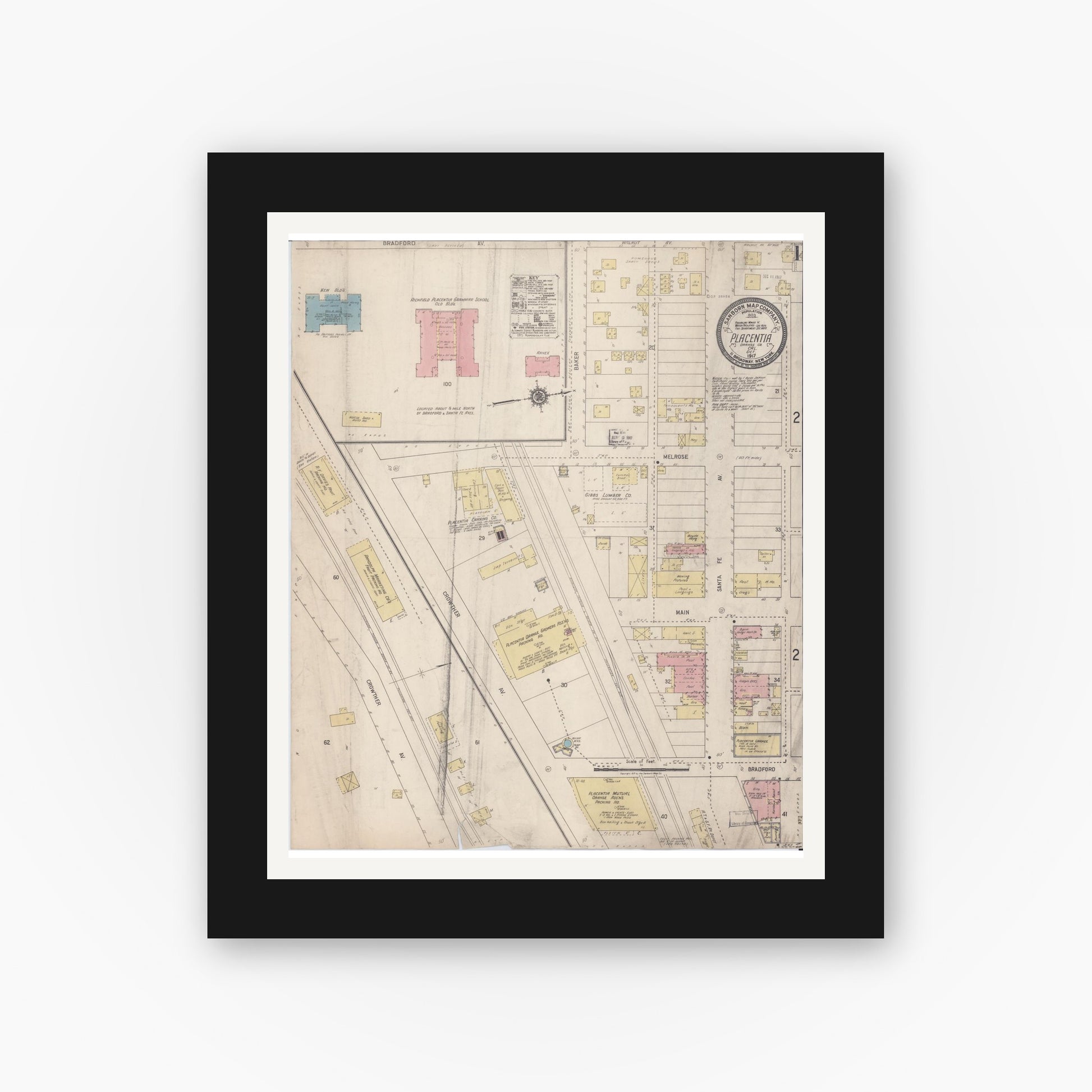 Old map wall art mockup — black gallery frame with white mat — Sanborn Fire Insurance Map from Placentia, Orange County, California (1917) - Complete Map Set