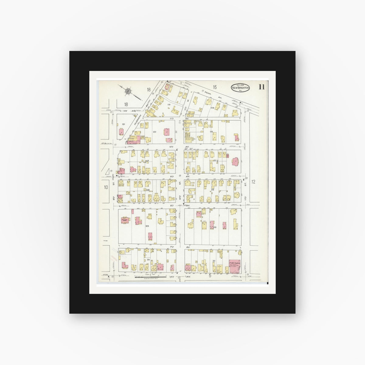 Old map wall art mockup — black gallery frame with white mat — Sanborn Fire Insurance Map from New Brighton, Beaver County, Pennsylvania (1918), Sheet #0011