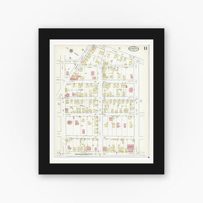 Old map wall art mockup — black gallery frame with white mat — Sanborn Fire Insurance Map from New Brighton, Beaver County, Pennsylvania (1918), Sheet #0011