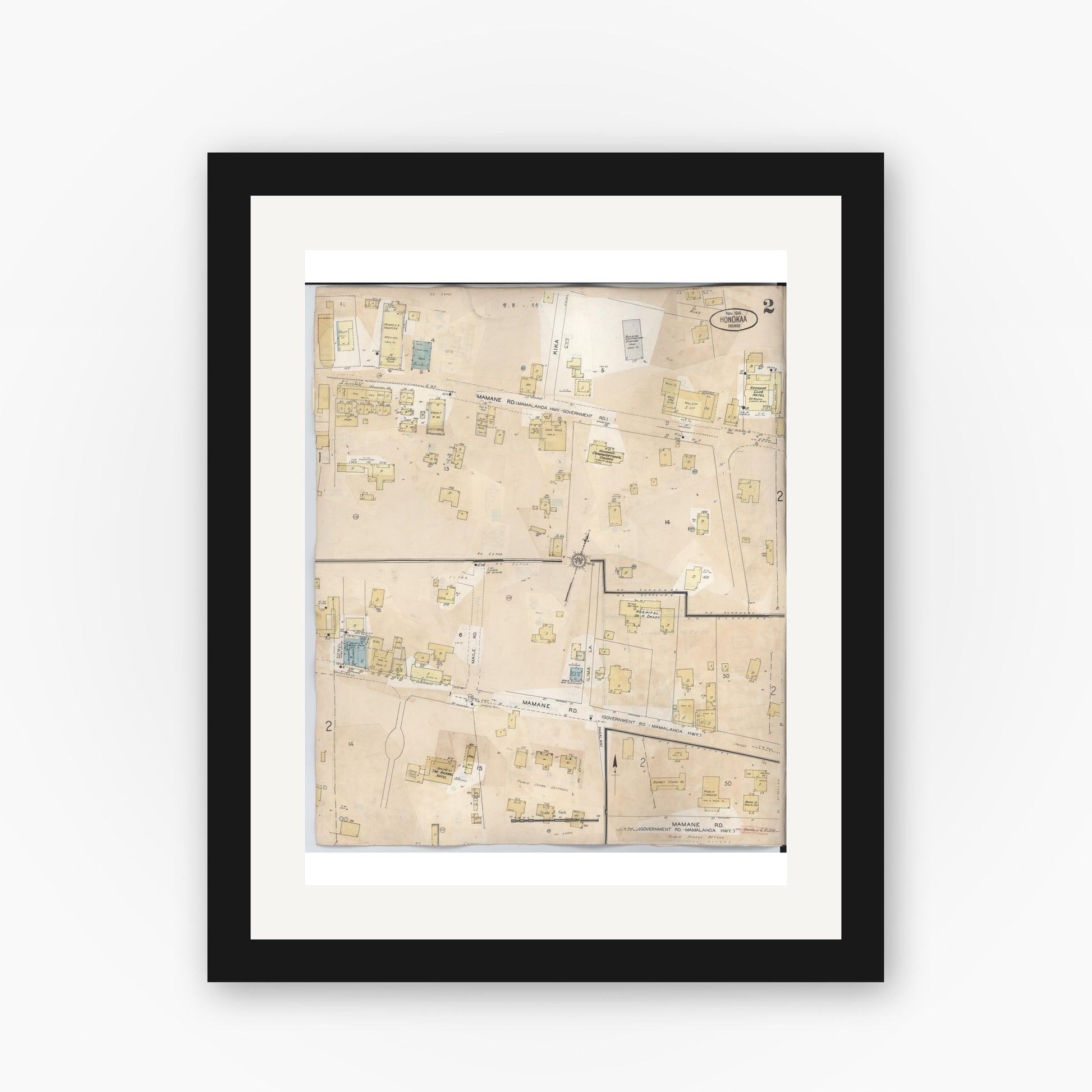 Old map wall art mockup — black gallery frame with white mat — Sanborn Fire Insurance Map from Honokaa, Hawaii County, Hawaii (1956), Sheet #0002