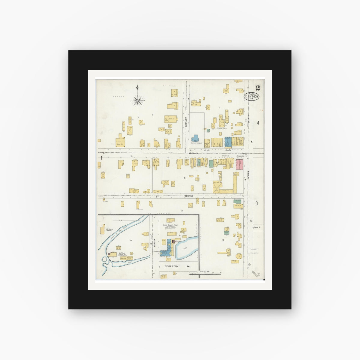 Old map wall art mockup — black gallery frame with white mat — Sanborn Fire Insurance Map from Dryden, Tompkins County, New York (1887), Sheet #0002