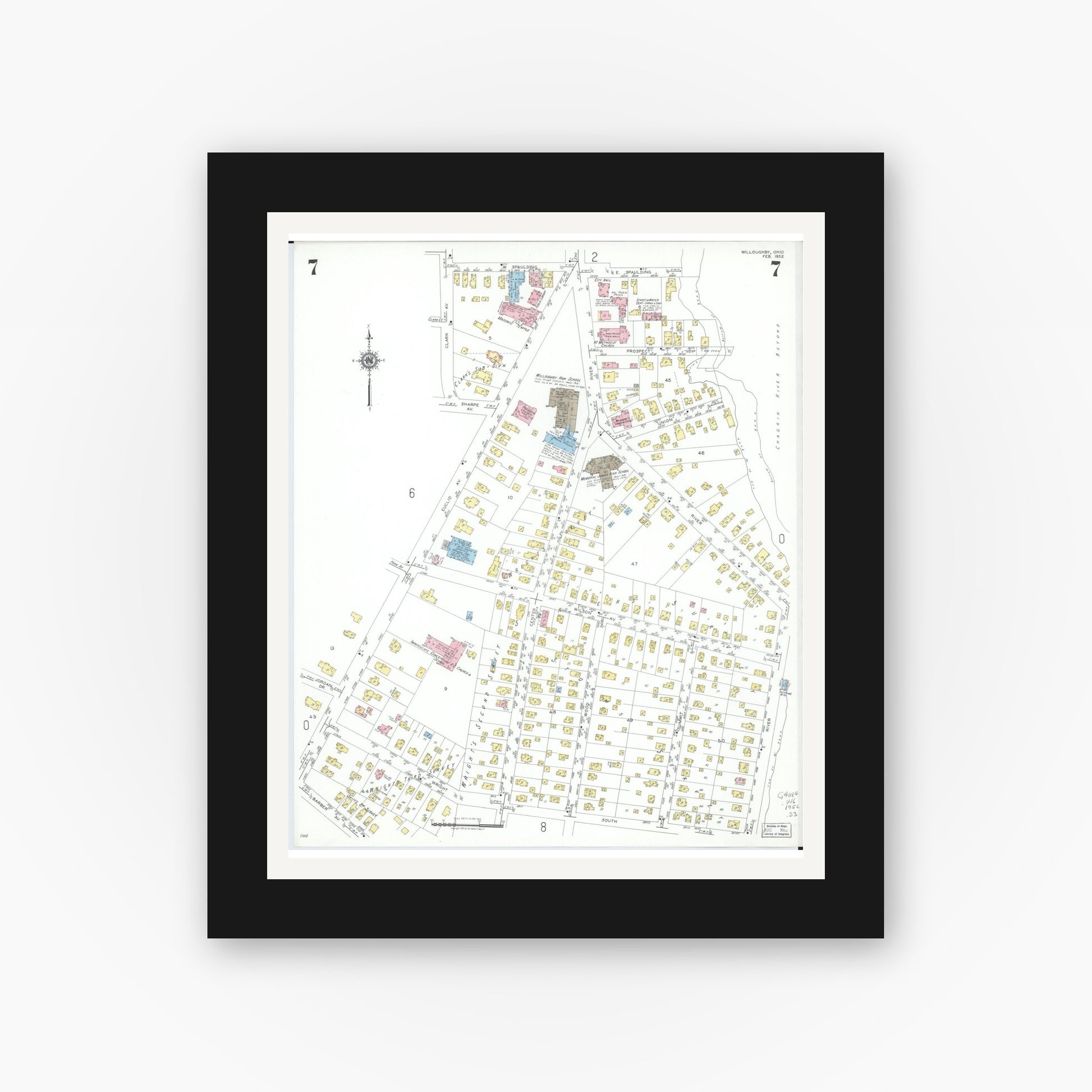 Old map wall art mockup — black gallery frame with white mat — Sanborn Fire Insurance Map from Willoughby, Lake County, Ohio (1952), Sheet #0007