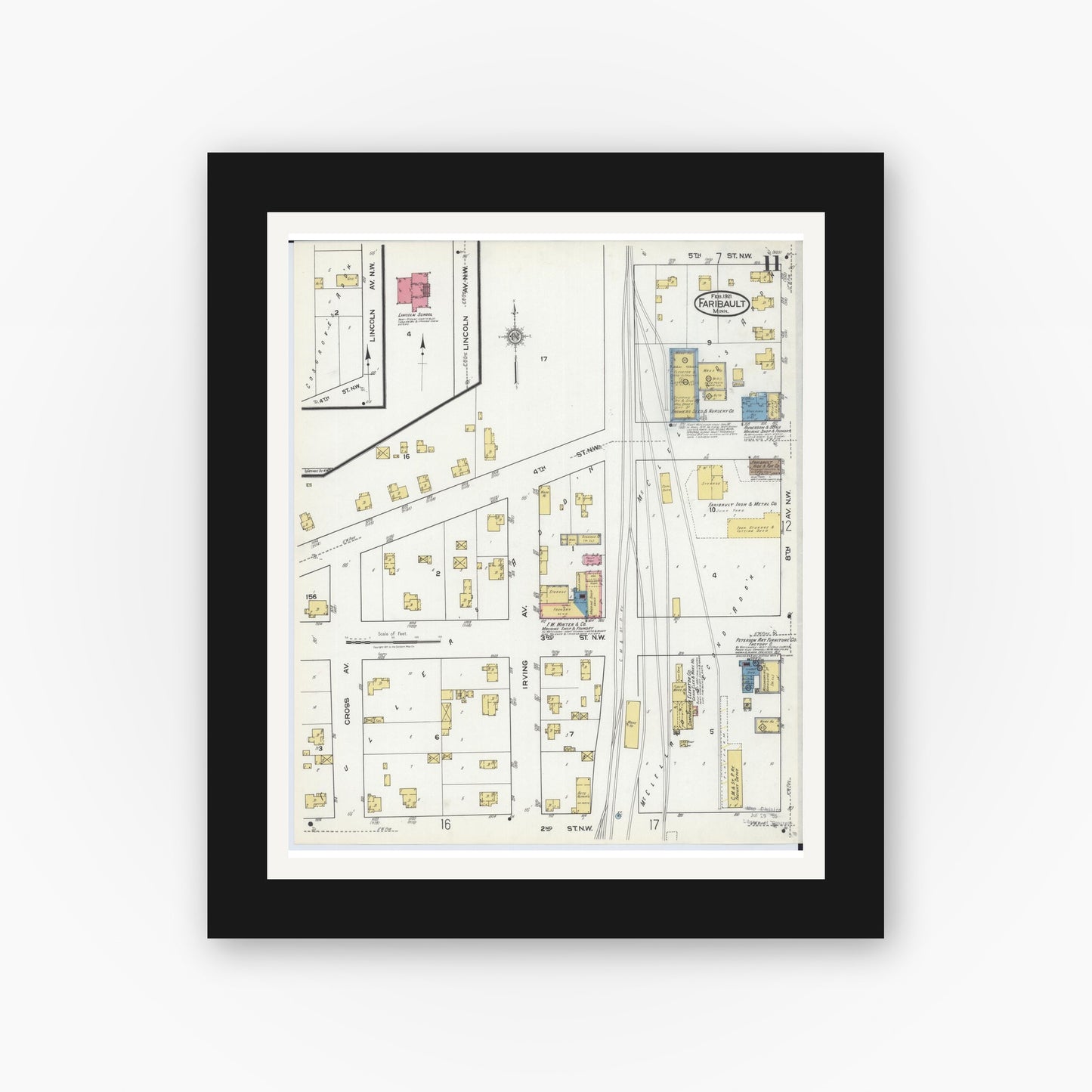 Old map wall art mockup — black gallery frame with white mat — Sanborn Fire Insurance Map from Faribault, Rice County, Minnesota (1921), Sheet #0011
