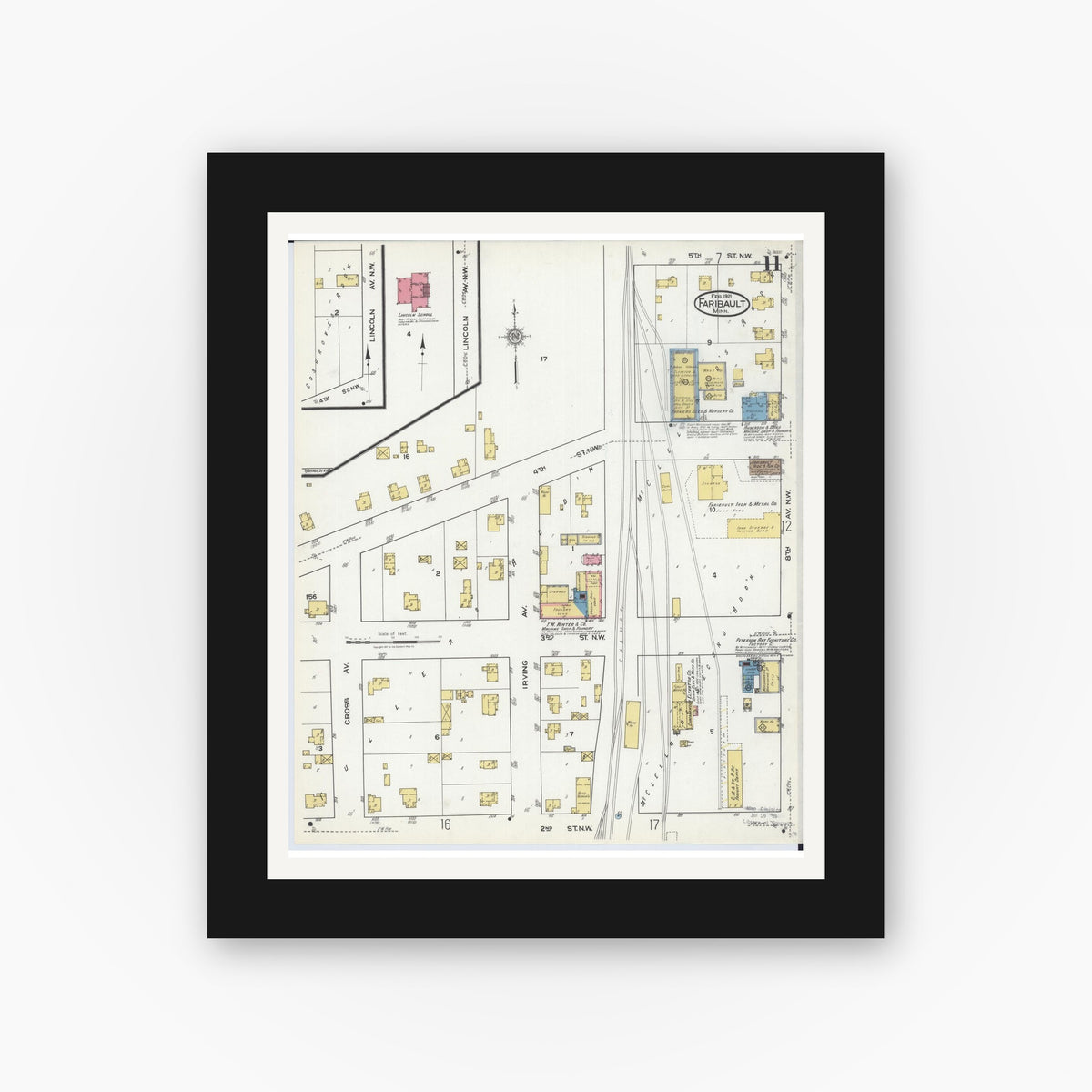 Old map wall art mockup — black gallery frame with white mat — Sanborn Fire Insurance Map from Faribault, Rice County, Minnesota (1921), Sheet #0011