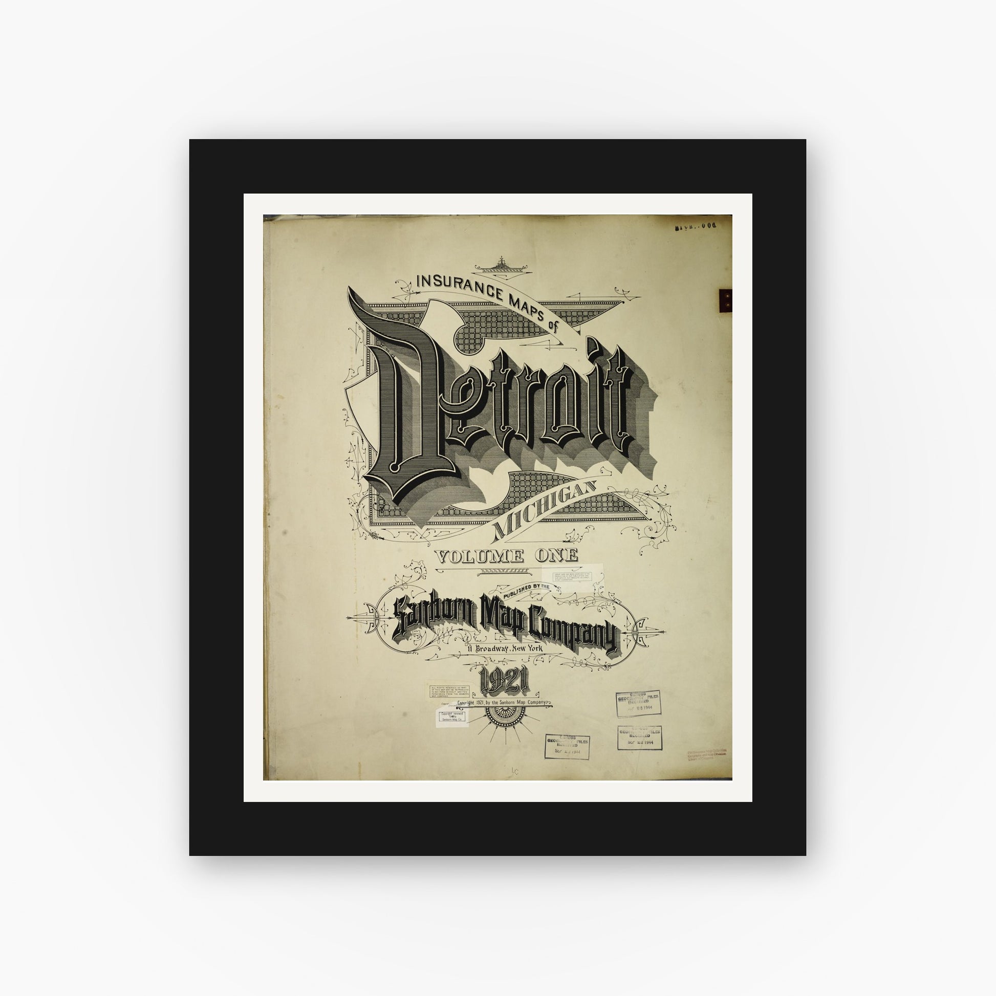 Old map wall art mockup — black gallery frame with white mat — Sanborn Fire Insurance Map from Detroit, Wayne County, Michigan (1950), Sheet #0001