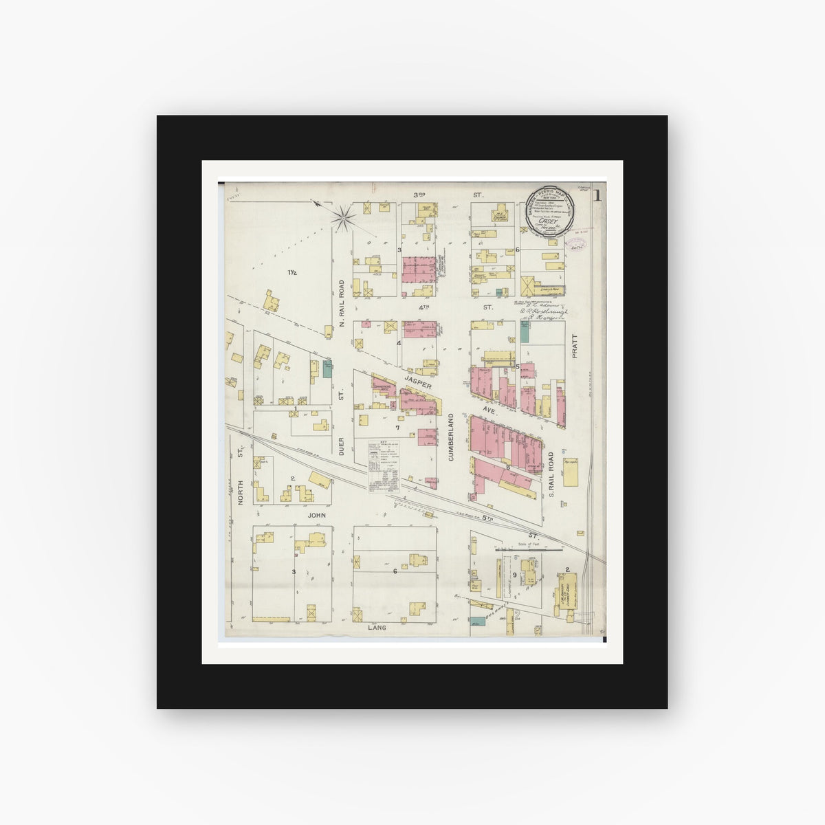 Old map wall art mockup — black gallery frame with white mat — Sanborn Fire Insurance Map from Casey, Clark County, Illinois (1893), Sheet #0001