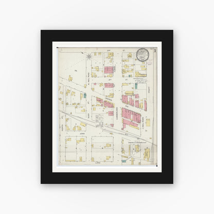 Old map wall art mockup — black gallery frame with white mat — Sanborn Fire Insurance Map from Casey, Clark County, Illinois (1893), Sheet #0001