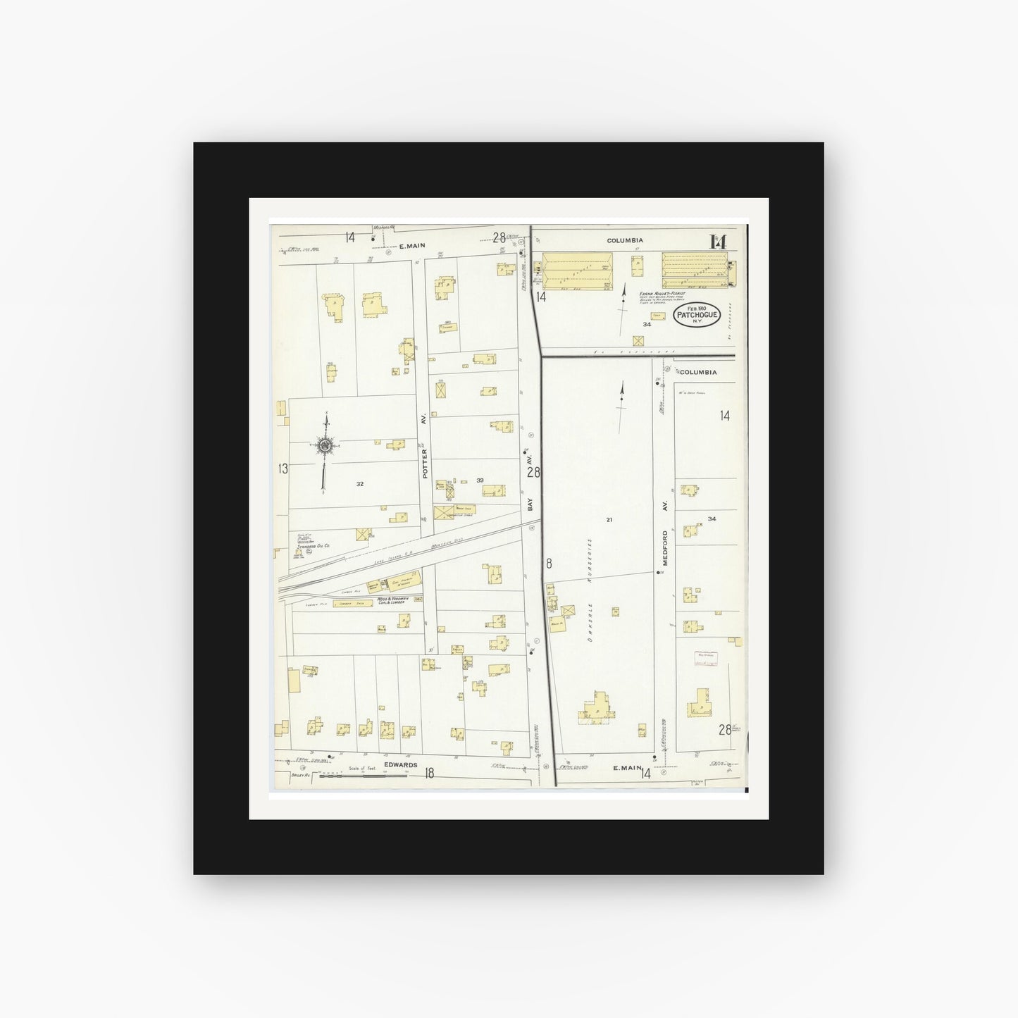 Old map wall art mockup — black gallery frame with white mat — Sanborn Fire Insurance Map from Patchogue, Suffolk County, New York (1910), Sheet #0014