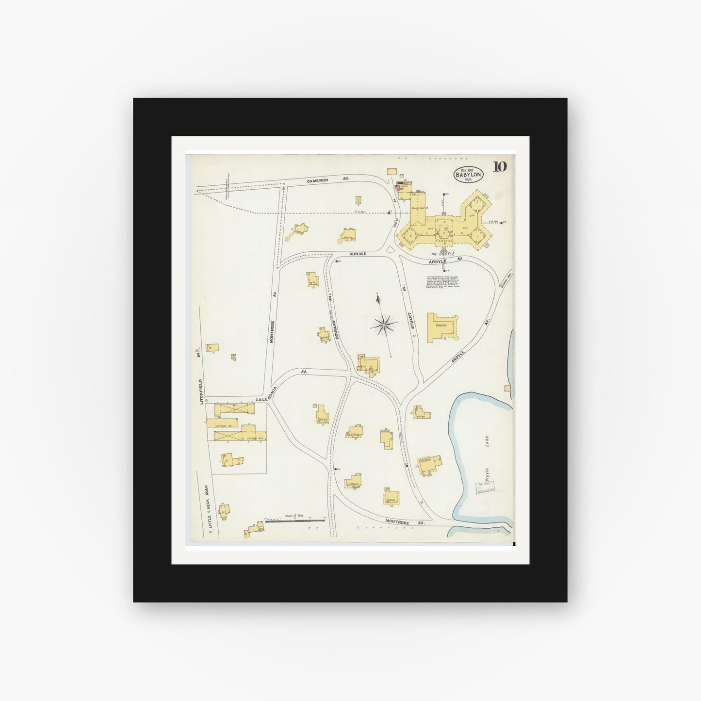 Old map wall art mockup — black gallery frame with white mat — Sanborn Fire Insurance Map from Babylon, Suffolk County, New York (1902), Sheet #0010