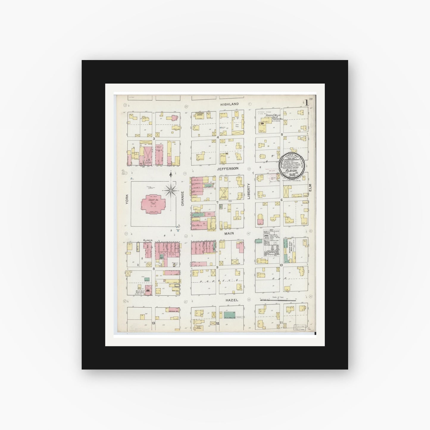 Old map wall art mockup — black gallery frame with white mat — Sanborn Fire Insurance Map from Albion, Noble County, Indiana (1892) - Complete Map Set