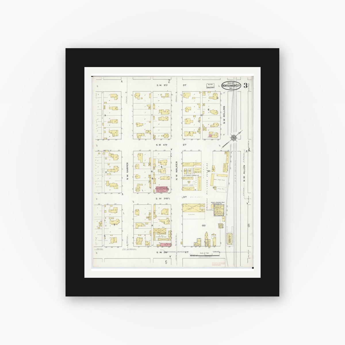 Old map wall art mockup — black gallery frame with white mat — Sanborn Fire Insurance Map from Montgomery City, Montgomery County, Missouri (1917), Sheet #0003