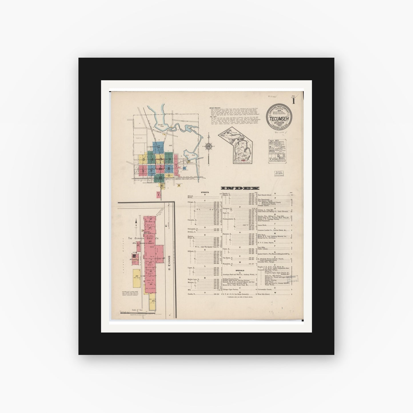 Old map wall art mockup — black gallery frame with white mat — Sanborn Fire Insurance Map from Tecumseh, Lenawee County, Michigan (1922), Sheet #0001