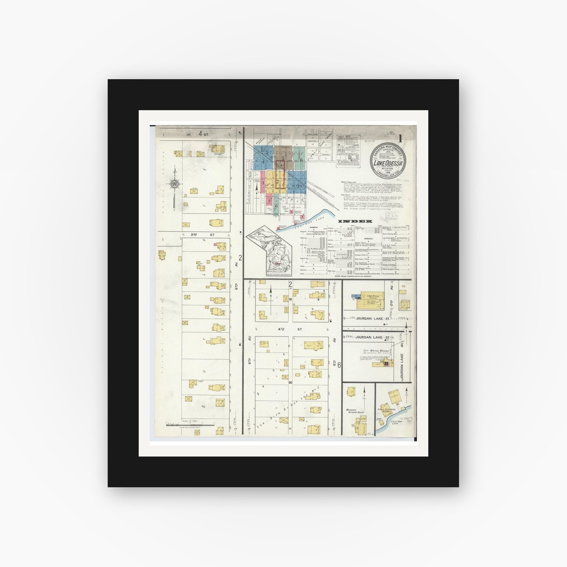 Old map wall art mockup — black gallery frame with white mat — Sanborn Fire Insurance Map from Lake Odessa, Ionia County, Michigan (1918) - Complete Map Set