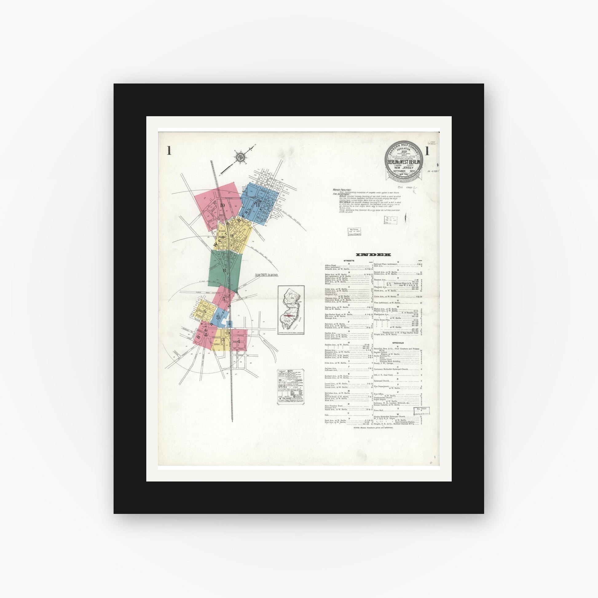 Old map wall art mockup — black gallery frame with white mat — Sanborn Fire Insurance Map from Berlin, Camden County, New Jersey (1923) - Complete Map Set