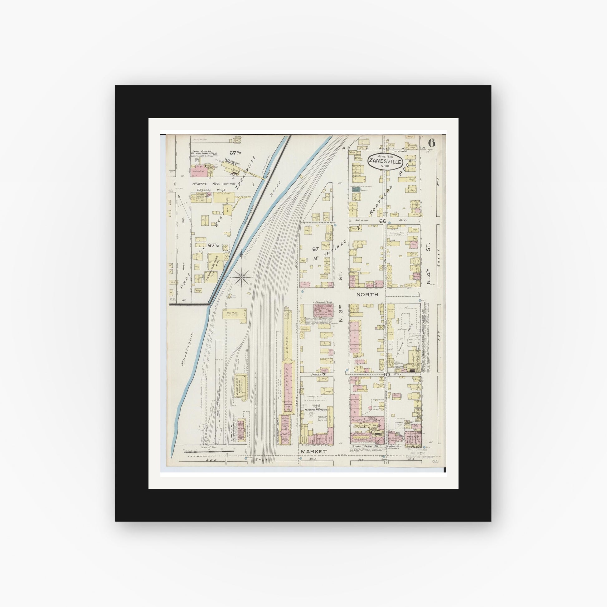 Old map wall art mockup — black gallery frame with white mat — Sanborn Fire Insurance Map from Zanesville, Muskingum County, Ohio (1886), Sheet #0006