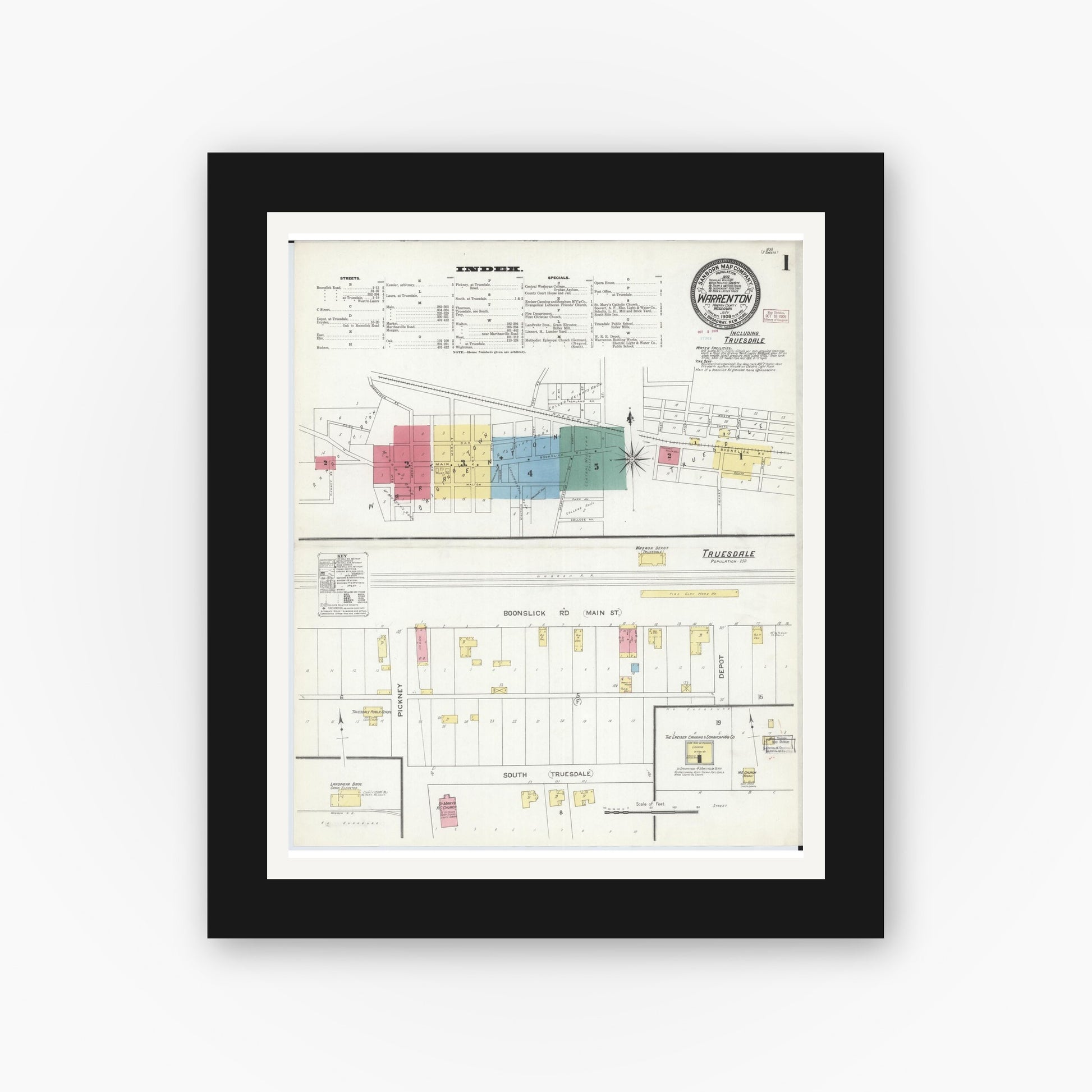 Old map wall art mockup — black gallery frame with white mat — Sanborn Fire Insurance Map from Warrenton, Warren County, Missouri (1909) - Complete Map Set