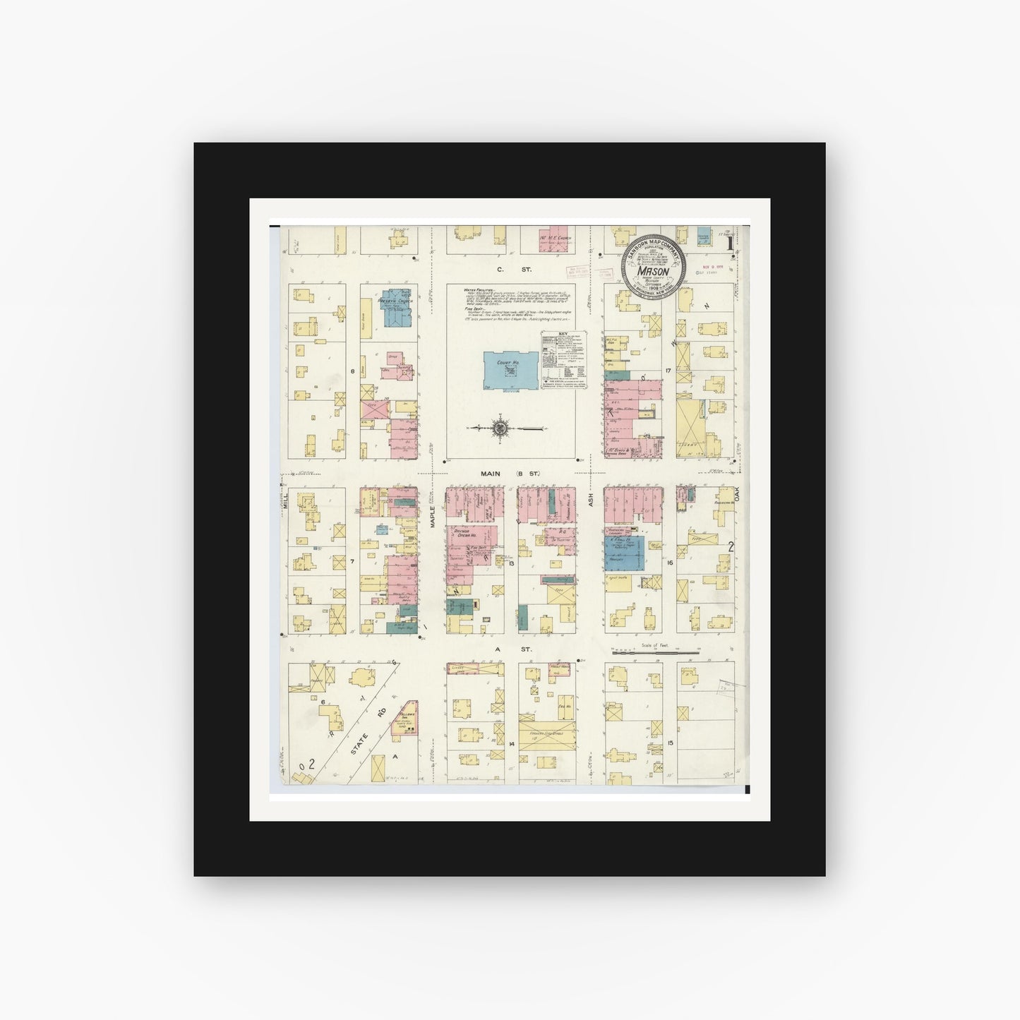 Old map wall art mockup — black gallery frame with white mat — Sanborn Fire Insurance Map from Mason, Ingham County, Michigan (1909) - Complete Map Set