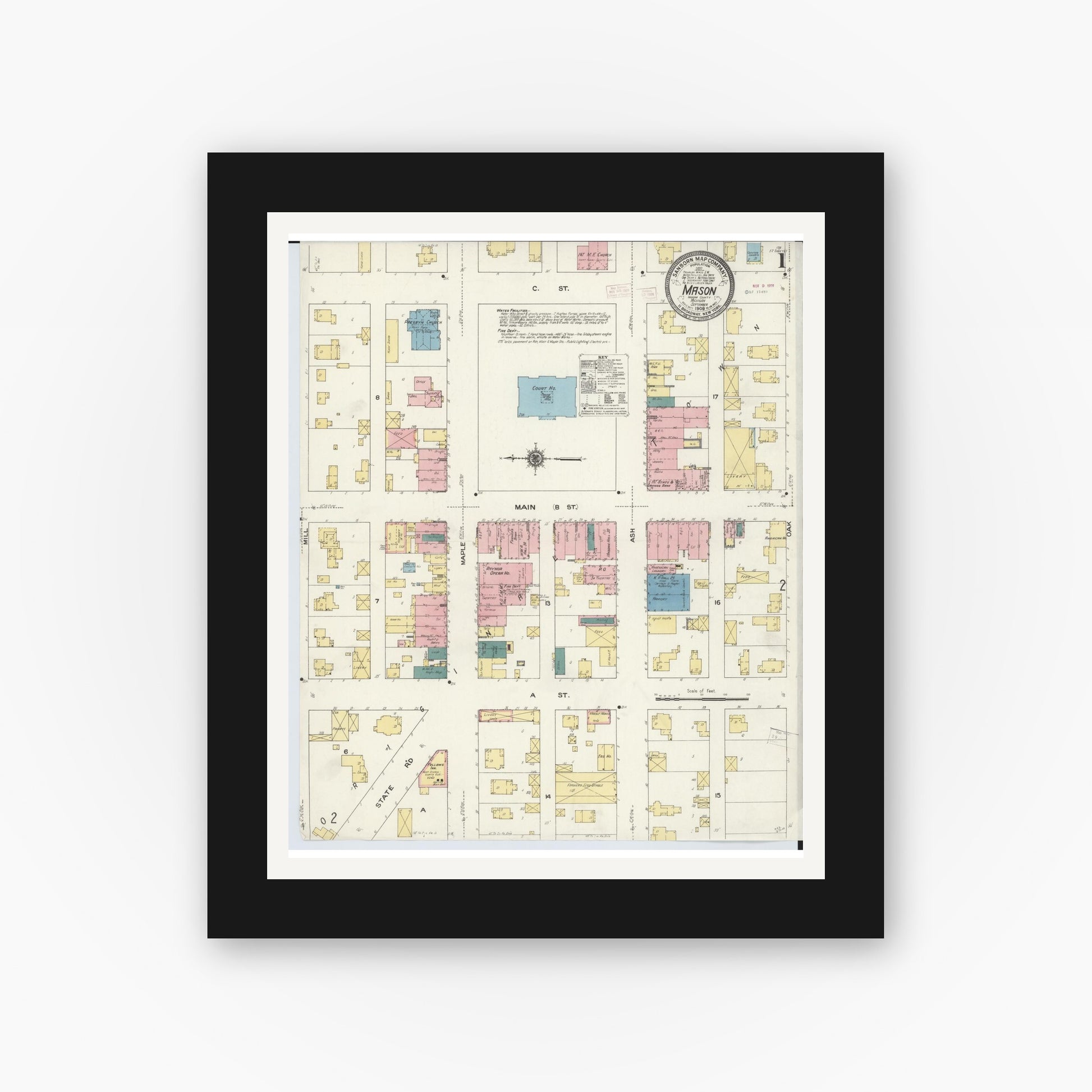 Old map wall art mockup — black gallery frame with white mat — Sanborn Fire Insurance Map from Mason, Ingham County, Michigan (1909) - Complete Map Set