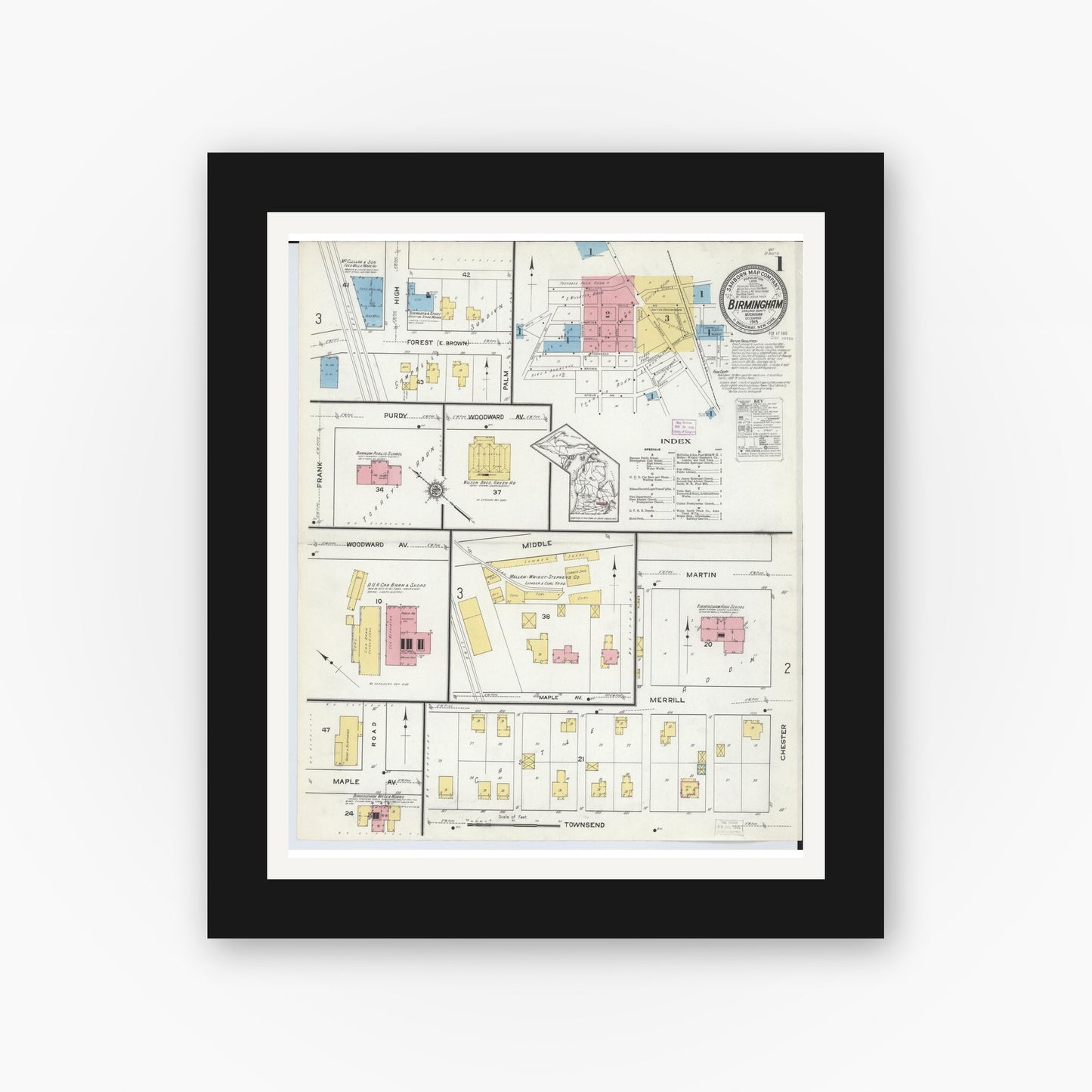 Old map wall art mockup — black gallery frame with white mat — Sanborn Fire Insurance Map from Birmingham, Oakland County, Michigan (1915) - Complete Map Set