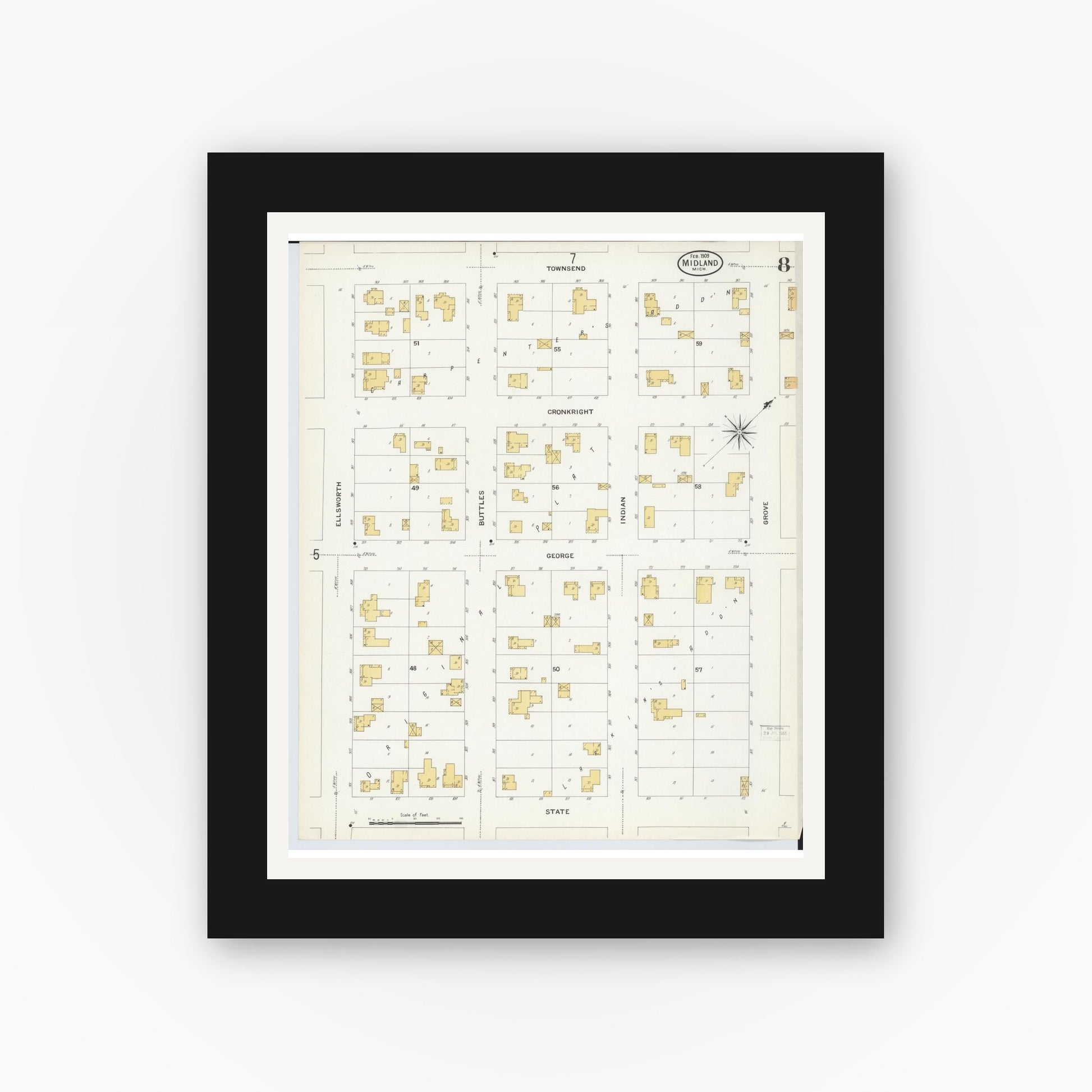Old map wall art mockup — black gallery frame with white mat — Sanborn Fire Insurance Map from Midland, Midland County, Michigan (1909), Sheet #0008