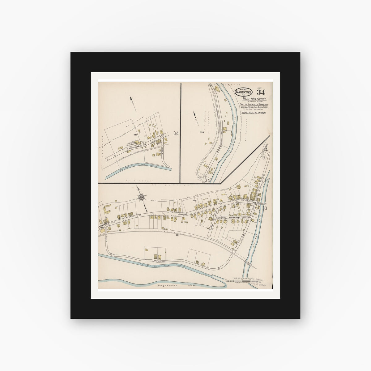Old map wall art mockup — black gallery frame with white mat — Sanborn Fire Insurance Map from Nanticoke, Luzerne County, Pennsylvania (1920), Sheet #0034