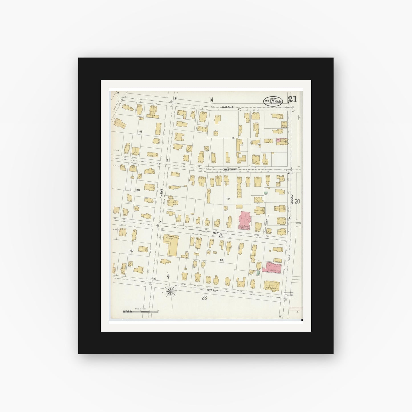Old map wall art mockup — black gallery frame with white mat — Sanborn Fire Insurance Map from Waltham, Middlesex County, Massachusetts (1897), Sheet #0021