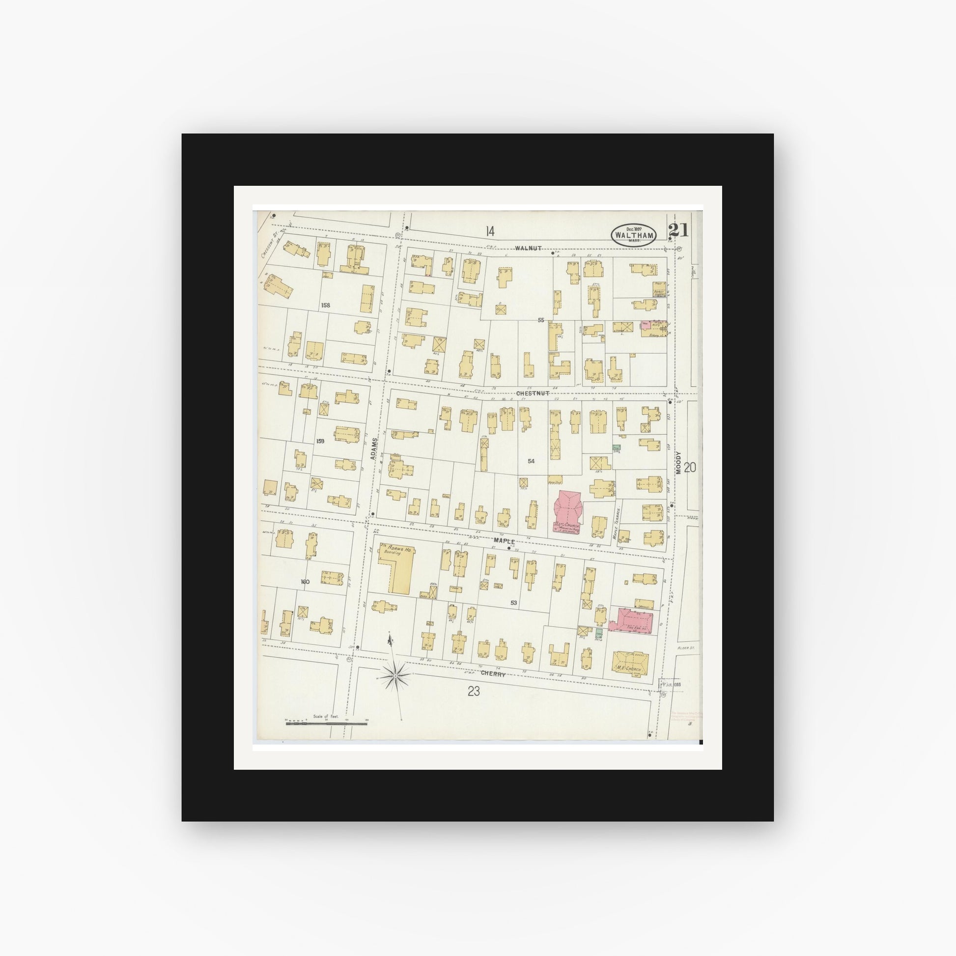 Old map wall art mockup — black gallery frame with white mat — Sanborn Fire Insurance Map from Waltham, Middlesex County, Massachusetts (1897), Sheet #0021