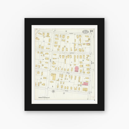 Old map wall art mockup — black gallery frame with white mat — Sanborn Fire Insurance Map from Waltham, Middlesex County, Massachusetts (1897), Sheet #0021