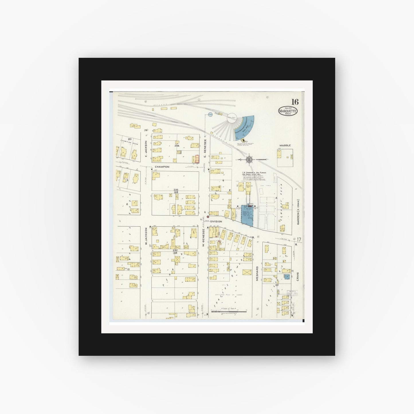 Old map wall art mockup — black gallery frame with white mat — Sanborn Fire Insurance Map from Marquette, Marquette County, Michigan (1917), Sheet #0016