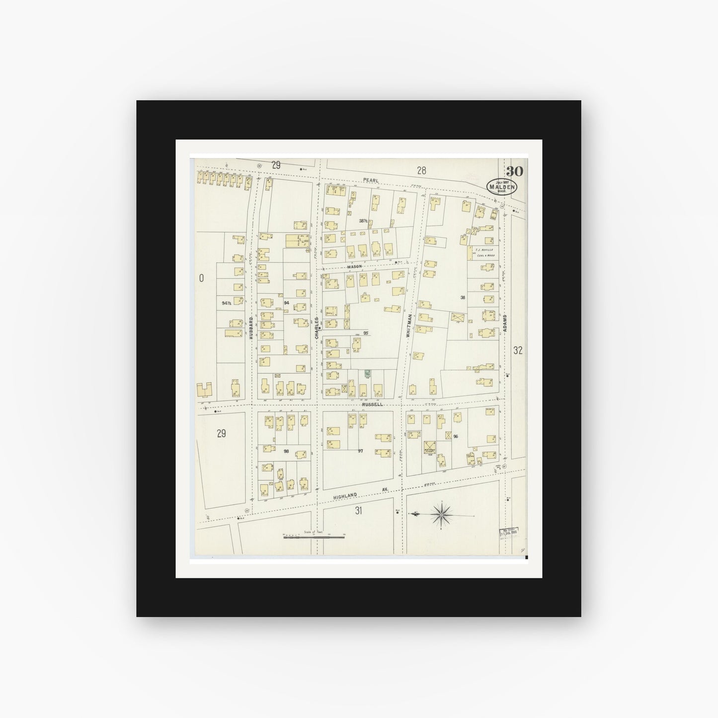 Old map wall art mockup — black gallery frame with white mat — Sanborn Fire Insurance Map from Malden, Middlesex County, Massachusetts (1897), Sheet #0030