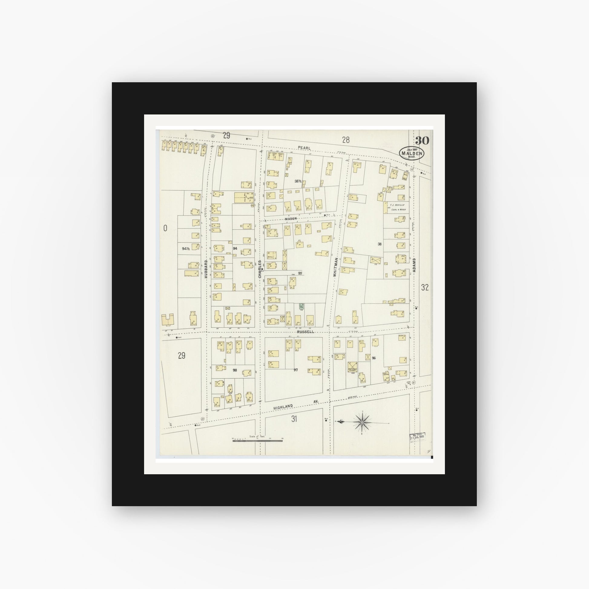 Old map wall art mockup — black gallery frame with white mat — Sanborn Fire Insurance Map from Malden, Middlesex County, Massachusetts (1897), Sheet #0030