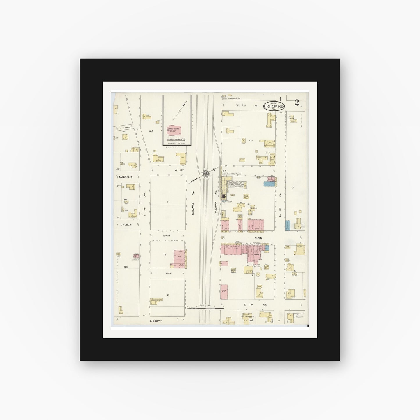 Old map wall art mockup — black gallery frame with white mat — Sanborn Fire Insurance Map from High Springs, Alachua County, Florida (1913), Sheet #0002