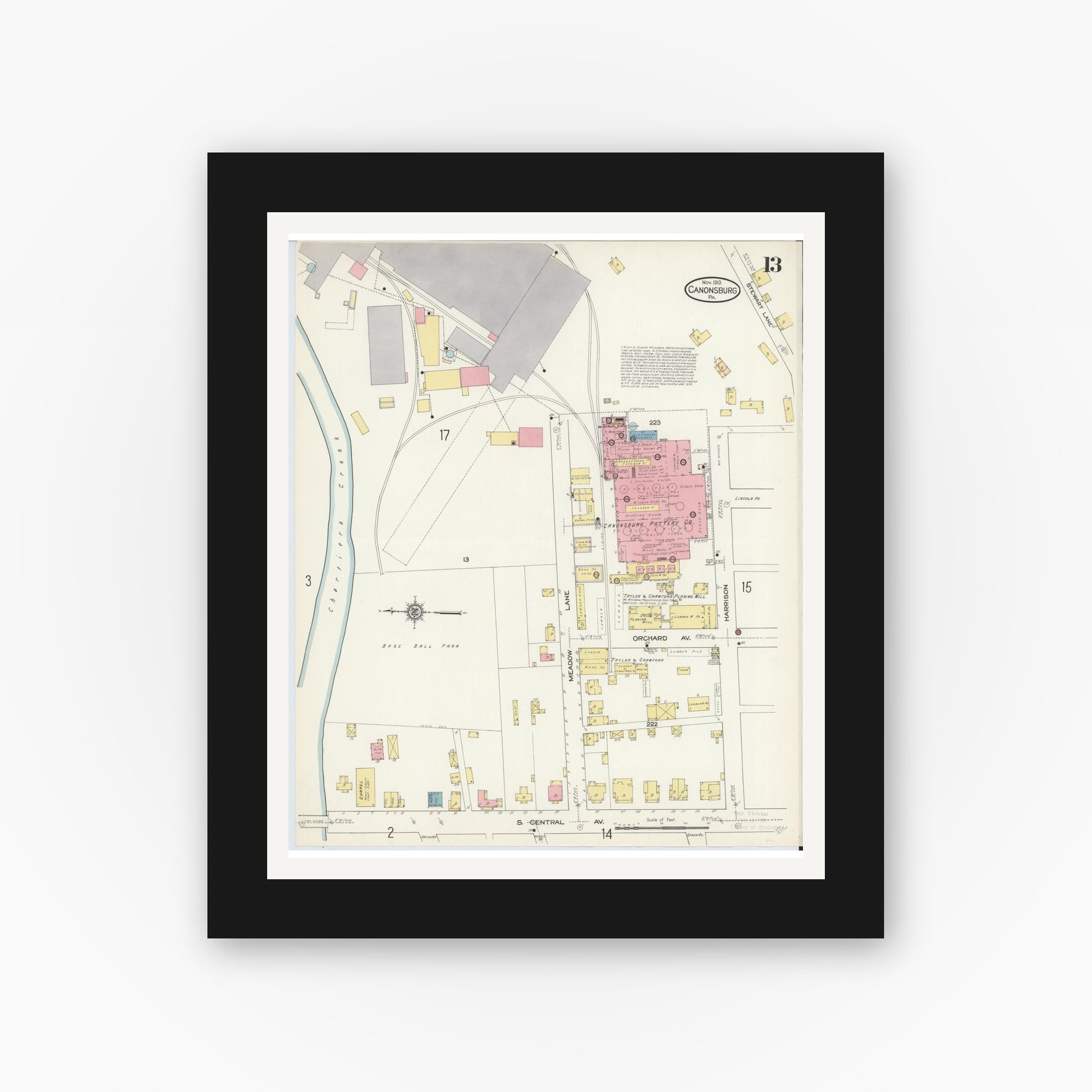 Old map wall art mockup — black gallery frame with white mat — Sanborn Fire Insurance Map from Canonsburg, Washington County, Pennsylvania (1913), Sheet #0013