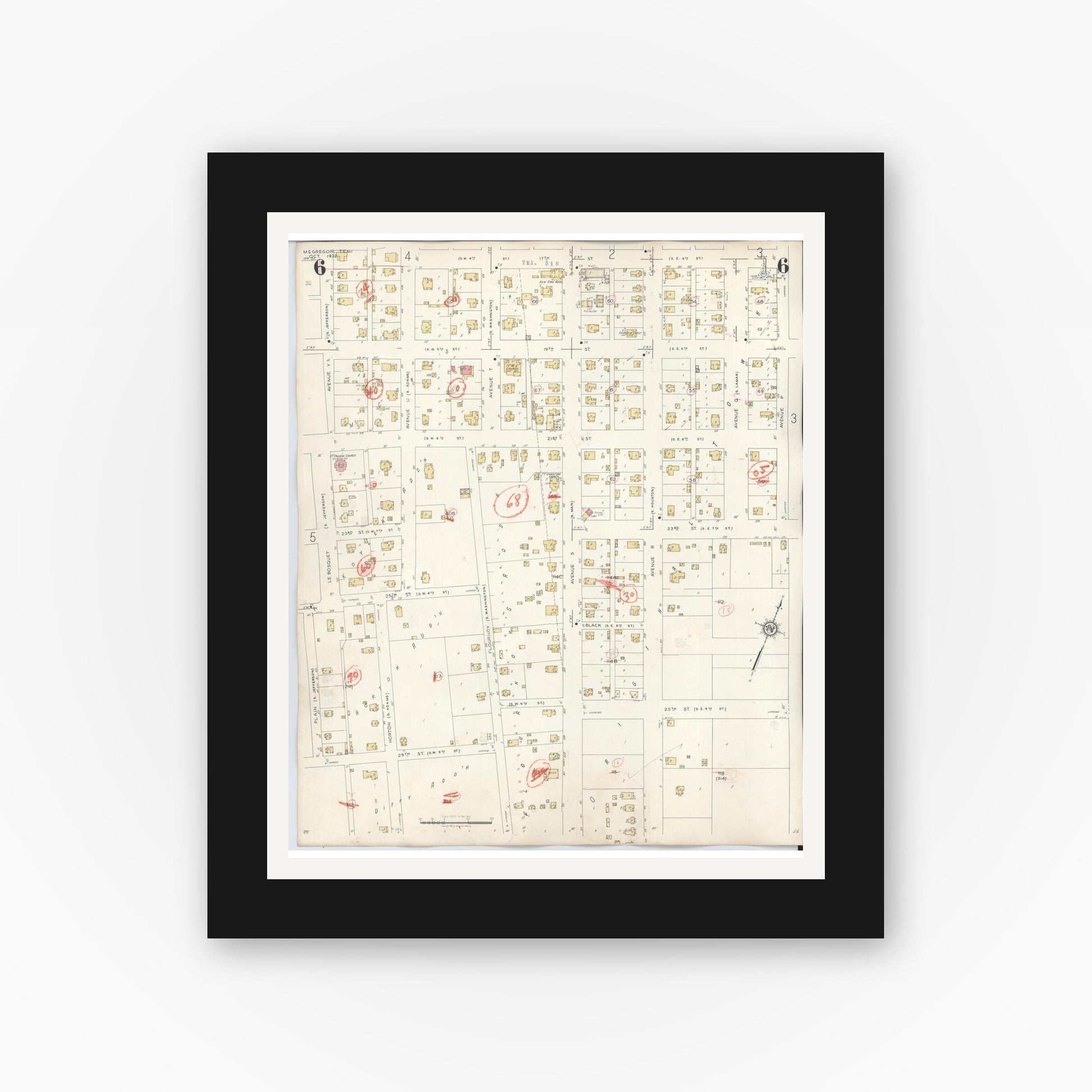 Old map wall art mockup — black gallery frame with white mat — Sanborn Fire Insurance Map from McGregor, McLennan County, Texas (1942), Sheet #0006