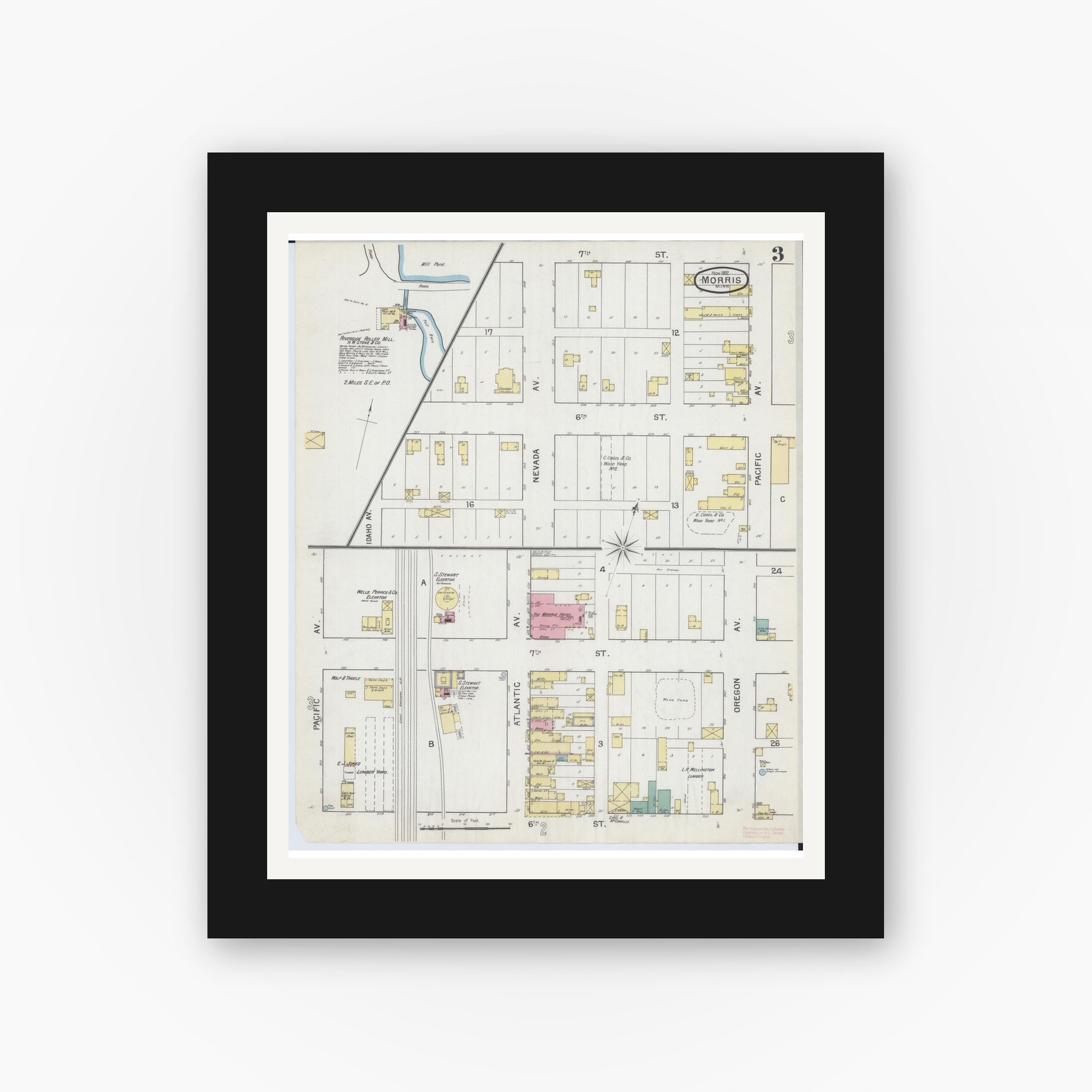 Old map wall art mockup — black gallery frame with white mat — Sanborn Fire Insurance Map from Morris, Stevens County, Minnesota (1892), Sheet #0003