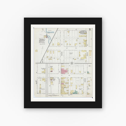 Old map wall art mockup — black gallery frame with white mat — Sanborn Fire Insurance Map from Morris, Stevens County, Minnesota (1892), Sheet #0003