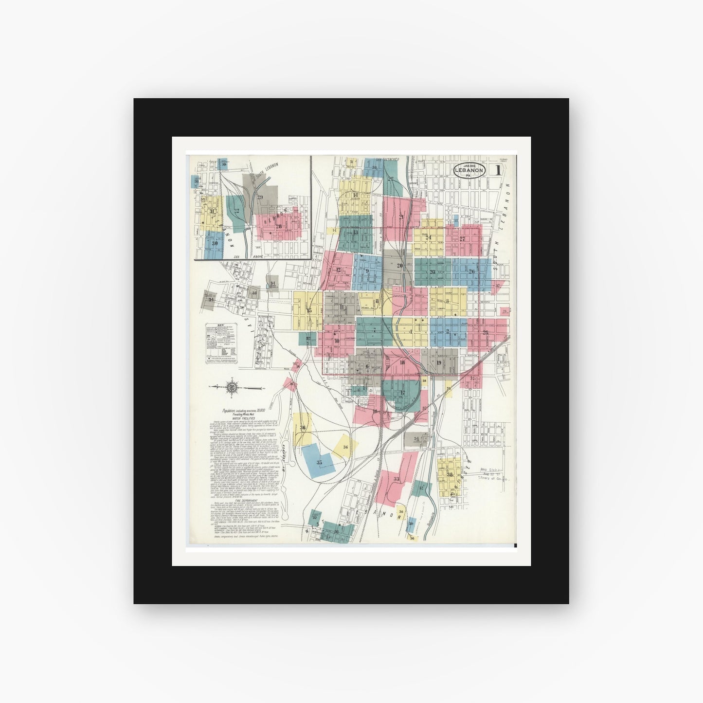 Old map wall art mockup — black gallery frame with white mat — Sanborn Fire Insurance Map from Lebanon, Lebanon County, Pennsylvania (1912), Sheet #0001