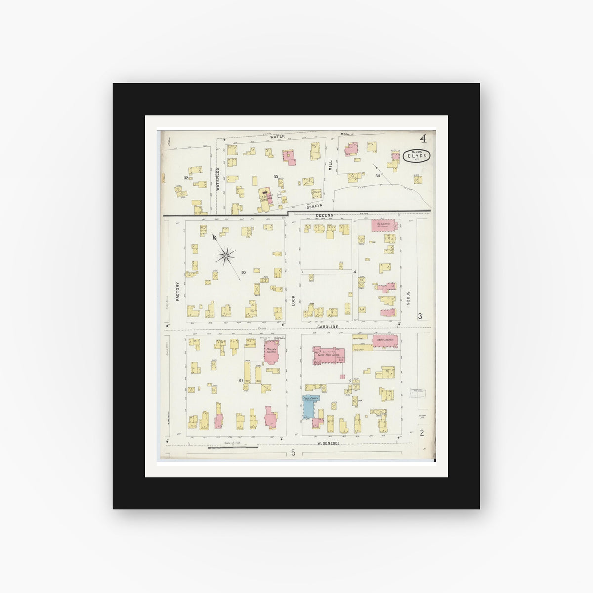 Old map wall art mockup — black gallery frame with white mat — Sanborn Fire Insurance Map from Clyde, Wayne County, New York (1896), Sheet #0004