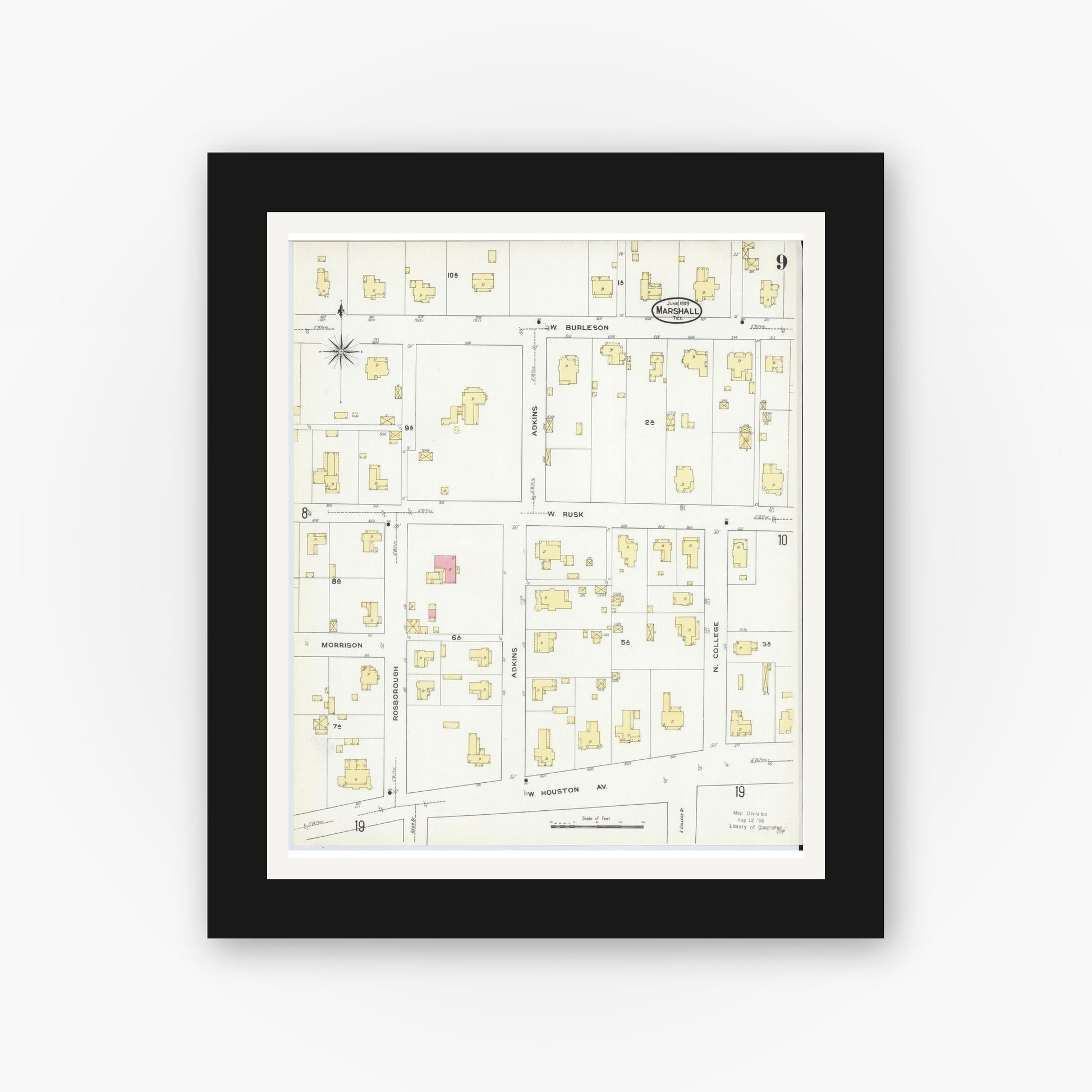 Old map wall art mockup — black gallery frame with white mat — Sanborn Fire Insurance Map from Marshall, Harrison County, Texas (1909), Sheet #0009