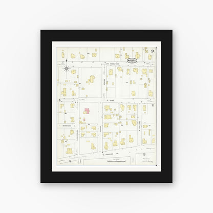 Old map wall art mockup — black gallery frame with white mat — Sanborn Fire Insurance Map from Marshall, Harrison County, Texas (1909), Sheet #0009